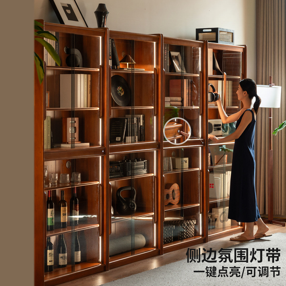 实木书柜书房复古展示柜中古风收纳柜玻璃柜储物边柜